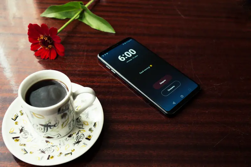 Celular marcando seis da manhã ao lado de uma xícara de café